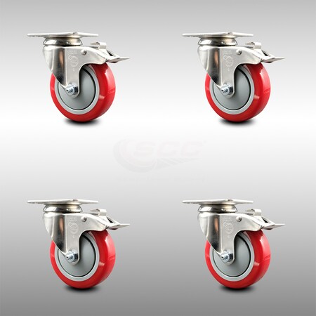 Service Caster 4 Inch 316SS Red Polyurethane Swivel Top Plate Caster Set Total Lock Brake SCC SCC-SS316TTL20S414-PPUB-RED-4